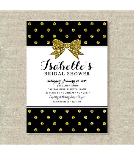 Gold Glitter Polka Dot Bow Bridal Shower Printable Invitation